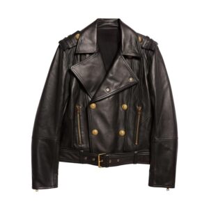 Premium Crest Embellished Button Moto Leather Jacket - Image 1