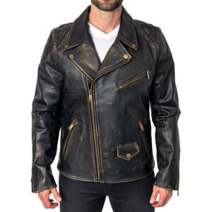 Brown Distressed Leather Motorcycle Style Jacket - Image 1