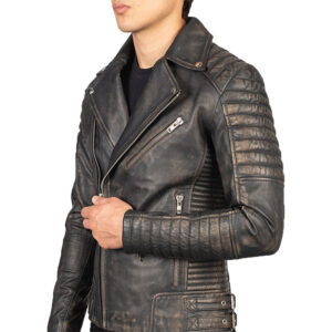 Men’s Distressed Brown Motorcycle Leather Jacket - Image 4