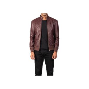 Handmade Quilted Diamond Bomber Maroon Leather Jacket - Image 1