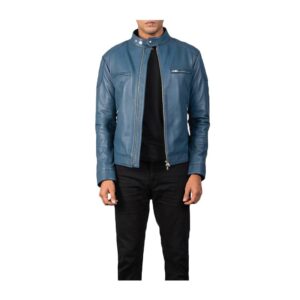 Blue Leather Motorcycle Riding Style Jacket - Image 1