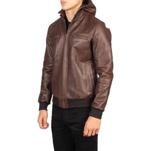 Brown Leather Hooded Bomber Stylish Jacket - Image 2