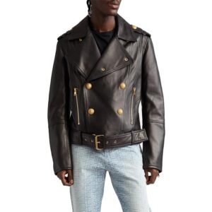 Premium Crest Embellished Button Moto Leather Jacket - Image 2