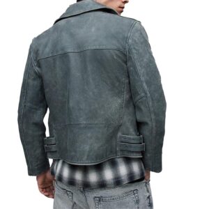 Grey Leather Motorcycle Biker Style Jacket - Image 3