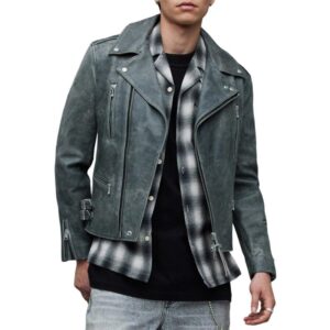 Grey Leather Motorcycle Biker Style Jacket - Image 2