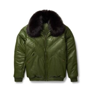 Stylish Handmade V-Bomber Olive Green Lambskin Leather Jacket - Image 1