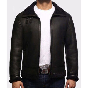 Black Aviator B3 Bomber Shearling Fur Leather Jacket - Image 3