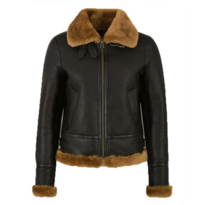 Black Leather Brown Shearling Bomber Aviator Jacket - Image 1