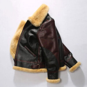 Fur Shearling Black And Red Leather Handmade Bomber Aviator Jacket - Image 2