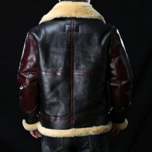 Fur Shearling Black And Red Leather Handmade Bomber Aviator Jacket - Image 3