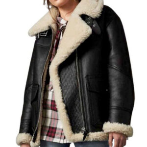 Warm Aviator Shearling Coat White Faux Fur Black Leather Jacket - Image 1