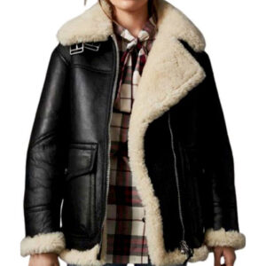 Warm Aviator Shearling Coat White Faux Fur Black Leather Jacket - Image 2