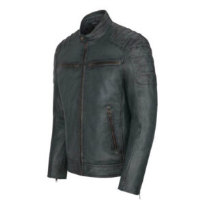 Motorbike Windproof Fashionable Handmade Greenish Char Leather Jacket - Image 2