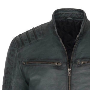 Motorbike Windproof Fashionable Handmade Greenish Char Leather Jacket - Image 3