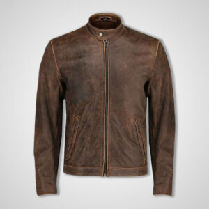 Brown Waxed Ban Collar Slim Fit Fashion Jacket - Image 1