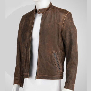 Brown Waxed Ban Collar Slim Fit Fashion Jacket - Image 2