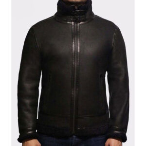 Black Aviator B3 Bomber Shearling Fur Leather Jacket - Image 4