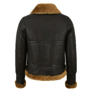 Black Leather Brown Shearling Bomber Aviator Jacket - Image 2