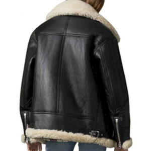 Warm Aviator Shearling Coat White Faux Fur Black Leather Jacket - Image 3