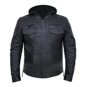 Black Hooded Motorbike Fashionable Leather Jacket - Image 1