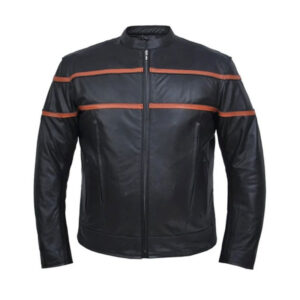 Black Lambskin Leather Orange Strips Slim Fit Fashion Jacket - Image 1