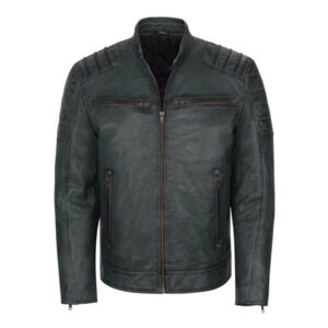 Motorbike Windproof Fashionable Handmade Greenish Char Leather Jacket - Image 1