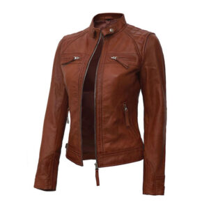 Quilted Diamond Lambskin Brown Leather Fashionable Jacket - Image 2