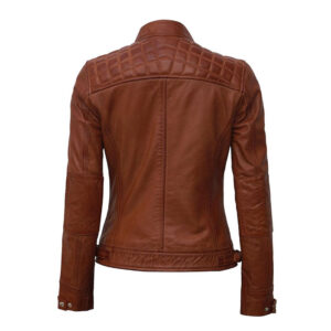 Quilted Diamond Lambskin Brown Leather Fashionable Jacket - Image 3