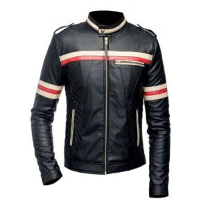 Red & Beige Strips Black Leather Slim Fit Jacket - Image 1