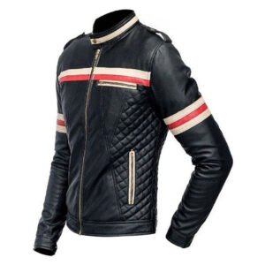 Red & Beige Strips Black Leather Slim Fit Jacket - Image 2