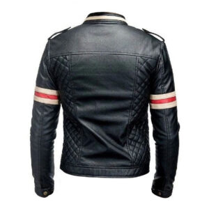 Red & Beige Strips Black Leather Slim Fit Jacket - Image 3