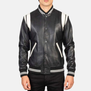 Varsity Rib Knit Paneled Trims Black & White Leather Jacket - Image 1