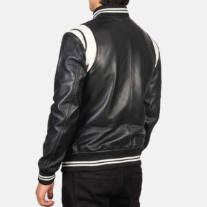 Varsity Rib Knit Paneled Trims Black & White Leather Jacket - Image 2