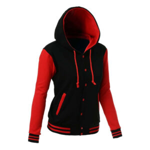 Varsity Jacket Style Letterman Coat Black Red Hoodie - Image 1