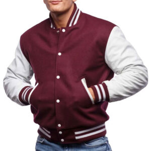 Maroon Wool Body & White Leather Bomber Varsity Jacket - Image 1