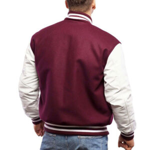 Maroon Wool Body & White Leather Bomber Varsity Jacket - Image 2