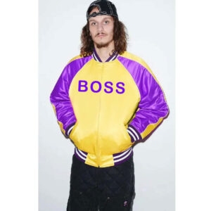 Yellow And Purple Satin Letterman Varsity Jacket - Image 2