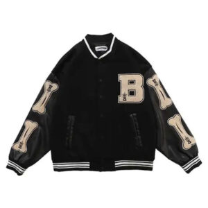 Unisex Black Bones Hip-Hop Varsity Baseball Bomber Jacket - Image 1