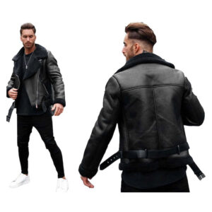 Heavy Shearling Aviator Black Leather Jacket - Image 2