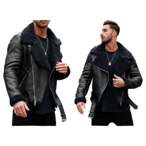 Heavy Shearling Aviator Black Leather Jacket - Image 3