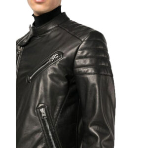 Band Collar Black Leather Multiple Zip-Fastening Pocket Jacket - Image 2