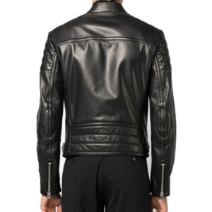 Band Collar Black Leather Multiple Zip-Fastening Pocket Jacket - Image 3