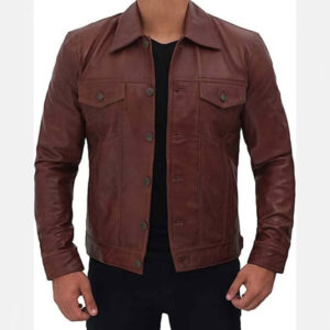 Sheepskin Brown Leather Motorcycle Style Jacket - Image 1