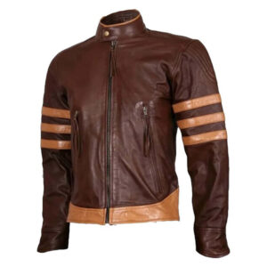 Brown Leather Wolverine Vintage Nehru Style Collar Jacket - Image 1