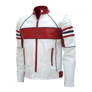 Cafe Racer Moto Bike White Red Strips Leather Jacket - Image 1