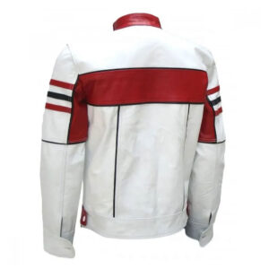 Cafe Racer Moto Bike White Red Strips Leather Jacket - Image 2