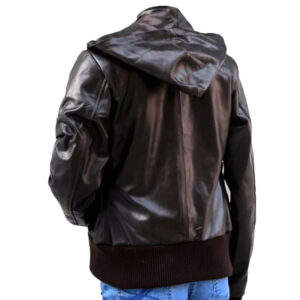 Brown Leather Bomber Slim Fit Hooded Jacket - Image 2