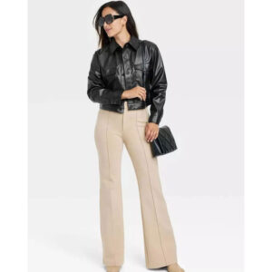 Cropped Faux Leather Bomber Jacket - Image 1