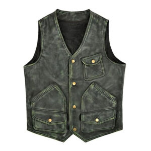 V-Neck Green Leather Gentleman Vest For Riding - Image 1