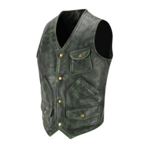 V-Neck Green Leather Gentleman Vest For Riding - Image 2